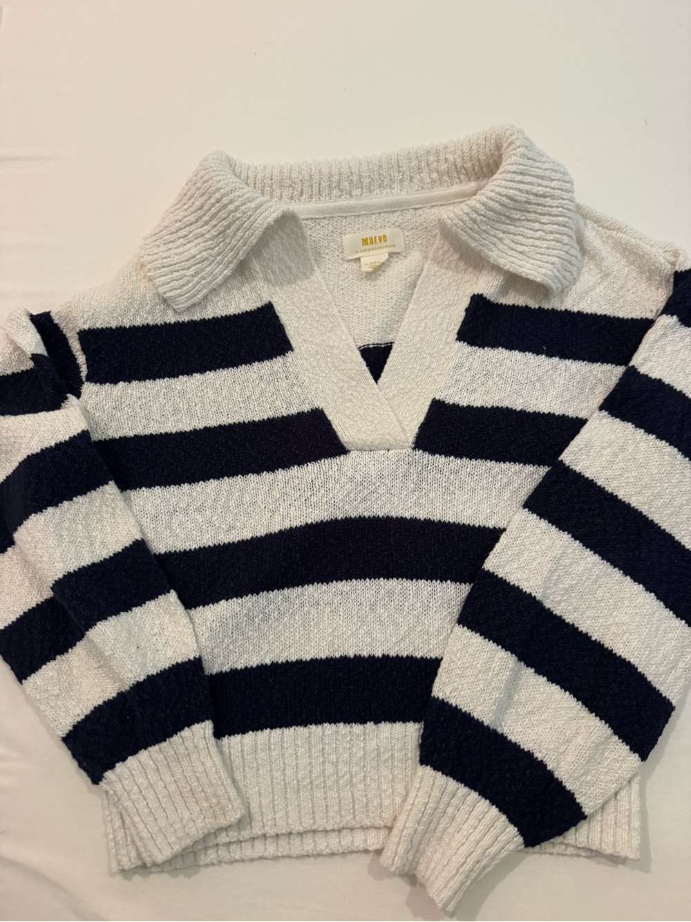 Anthropologie Striped Black & White Collared V-Neck Sweater